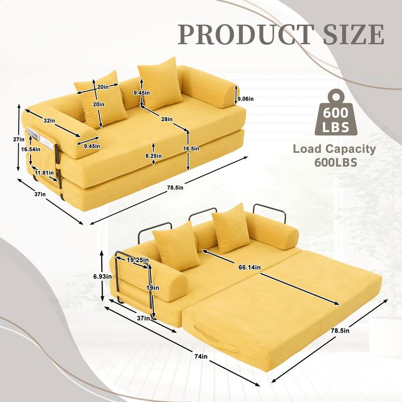 Foldable Modular Couch Sleeper Loveseat Sofa Bed with Storage Side Pocket, Detachable Metal Frame and Corduroy Fabric Cover