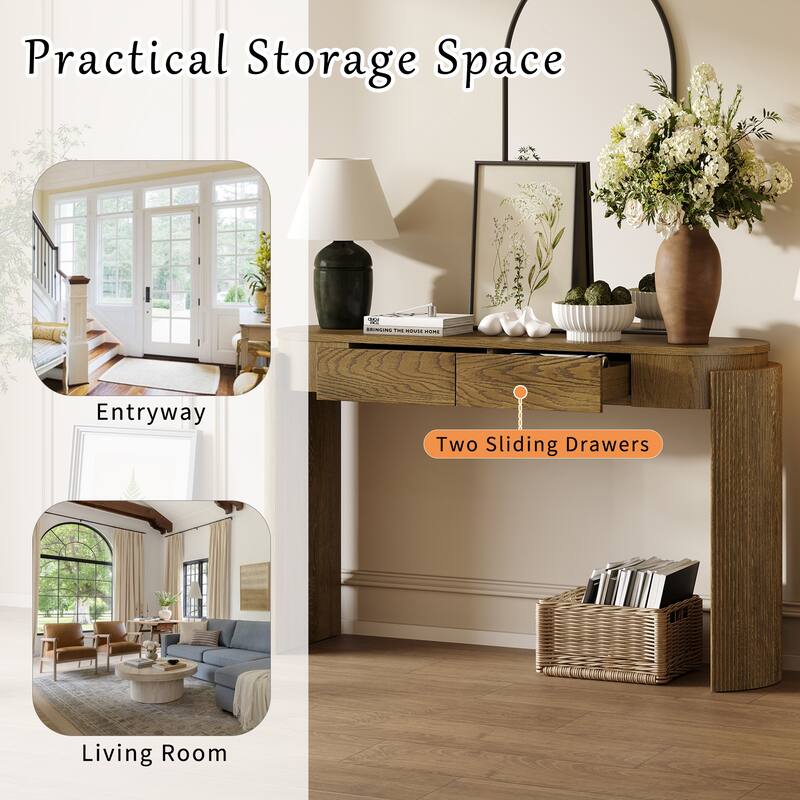 Oval-shaped Top Entryway Table Sofa Table with 2 Drawers, Fluted Console Table for Hallway or Home Decor