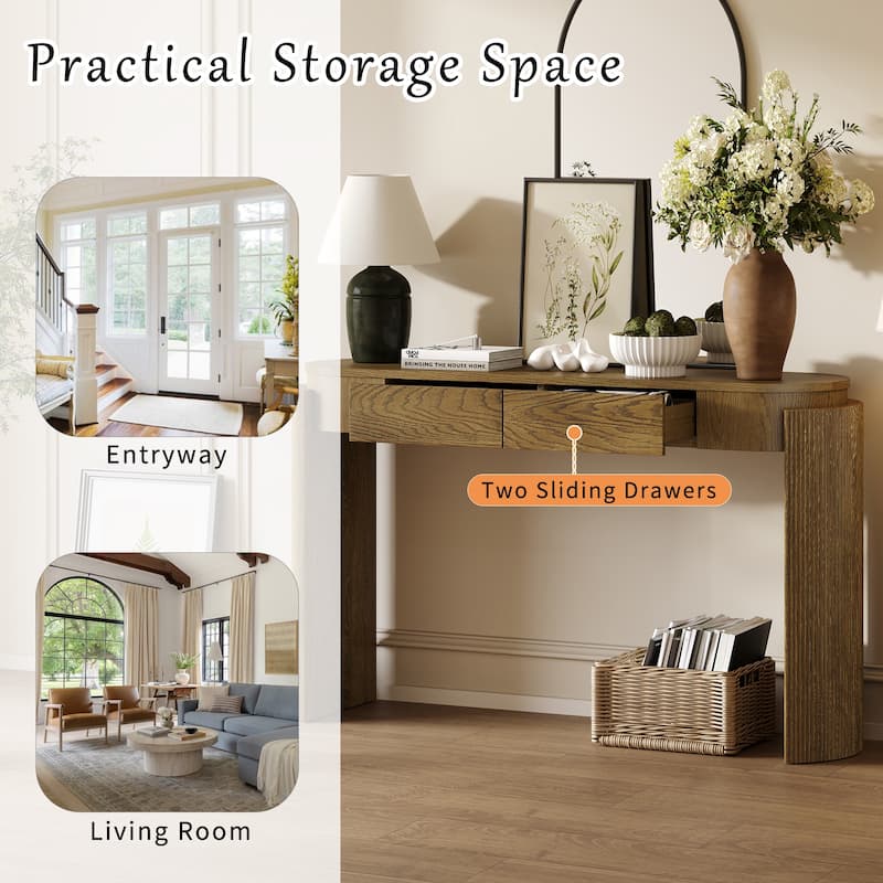Roomfitters Entryway Console Table with Natural Wood Finish, Oval Top, Fluted Legs and 2 Storage Spaces