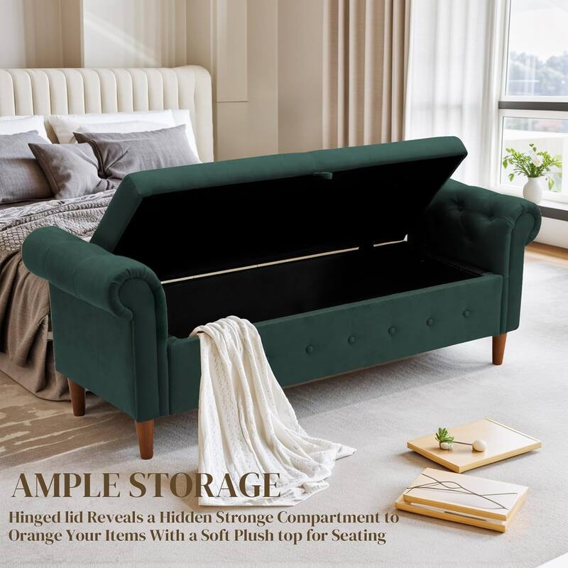 Multipurpose Rectangular Linen Sofa Stool with Large Space Saving Storage, 4 Rubber Wood Feet - 63 x 22.1 x 24.1 inch