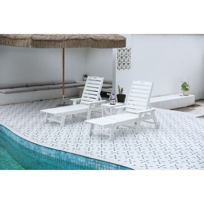 3-Piece White Wood Texture Oversized Chaise Lounge Chair Set w/ Side Table, All Weather Patio Lounge Chair