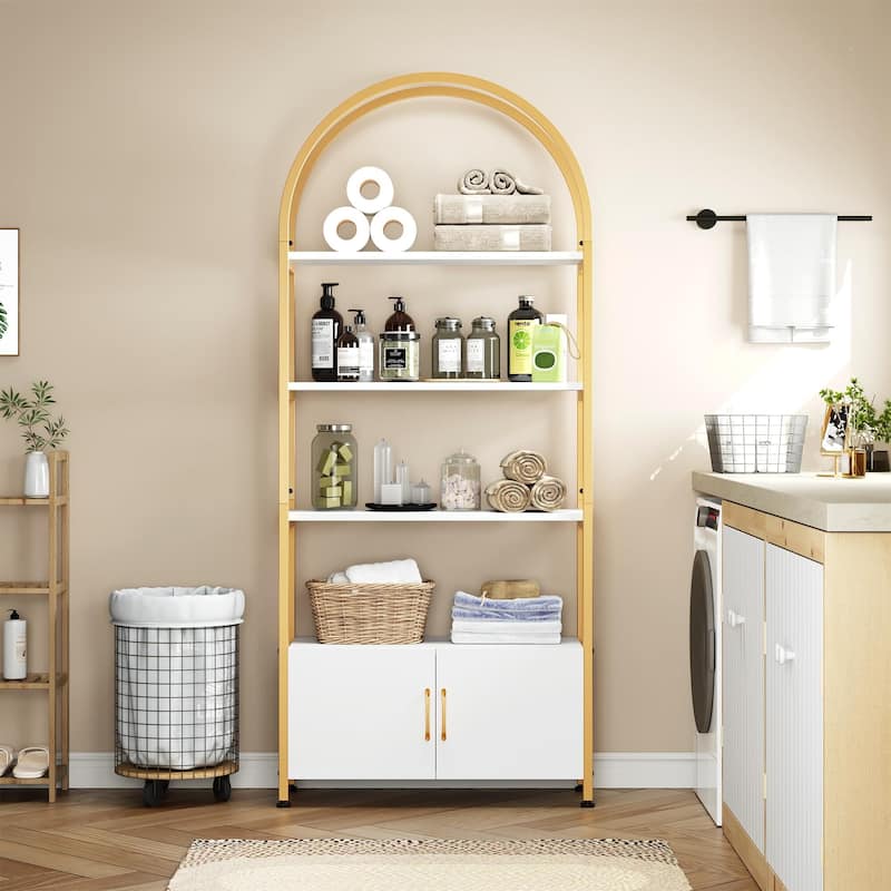 Arched Bookshelf 4-Tier Open Bookshelf with Drawers - Gold