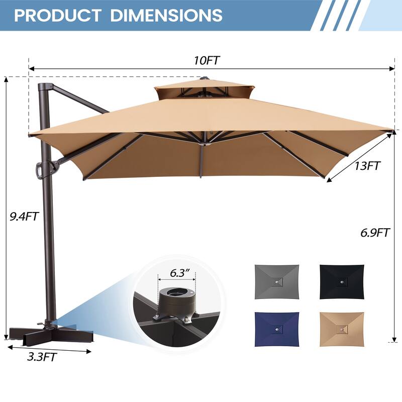 10 x 13 ft Double Top Aluminum Rotating Patio Offset Cantilever Umbrella with Base