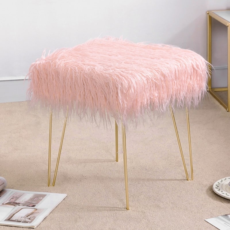 Adeco Faux Ottoman Vanity Stool with Metal Legs for Bedroom
