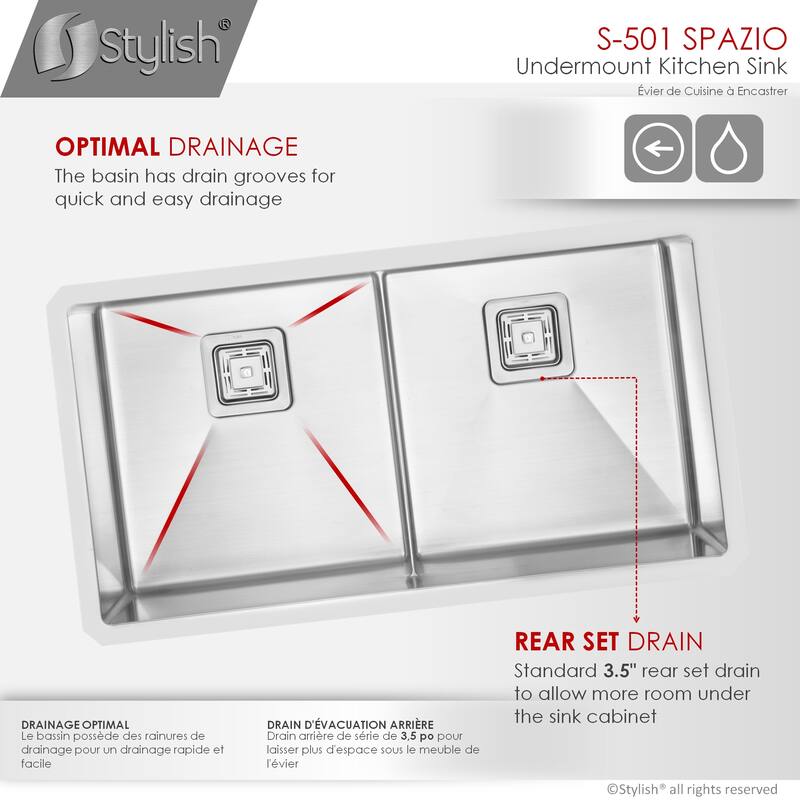 Undermount 33" Stainless Steel Double-Bowl Kitchen Sink Handmade - 33" x 18" x 10"
