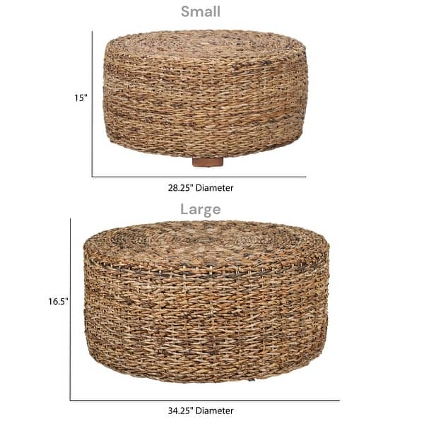 dimension image slide 1 of 4, Hand-Woven Natural Abaca Wood Round Coffee Table Ottoman by East at Main
