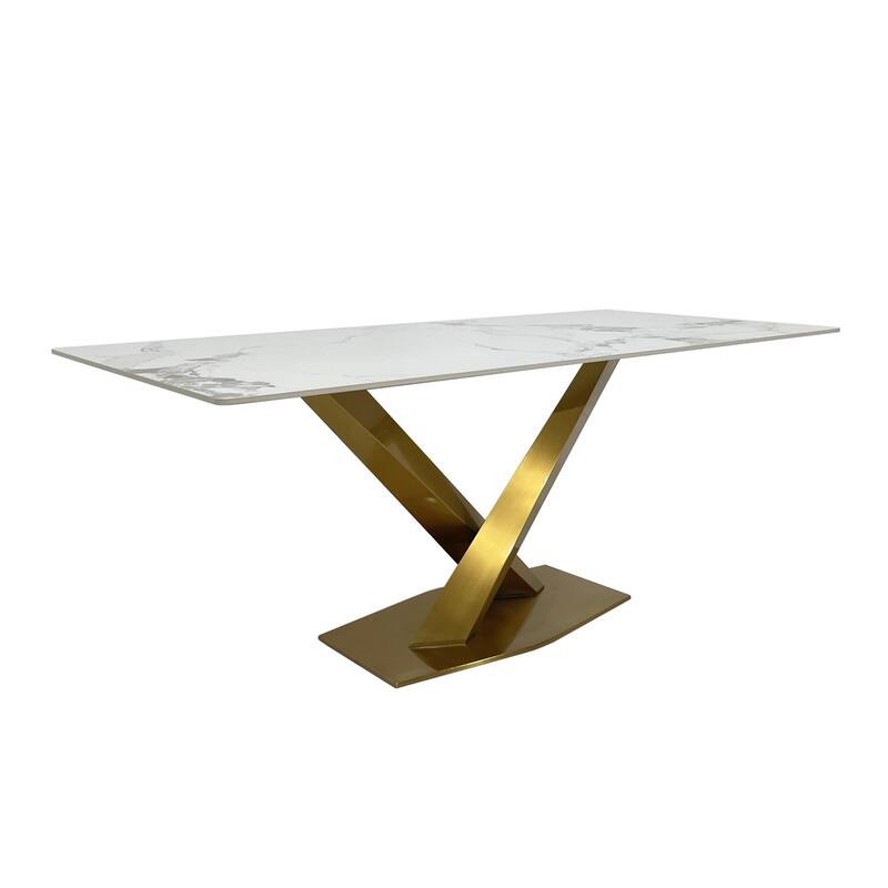 Dining Table with White Slate Marble Top and Matte Gold Base