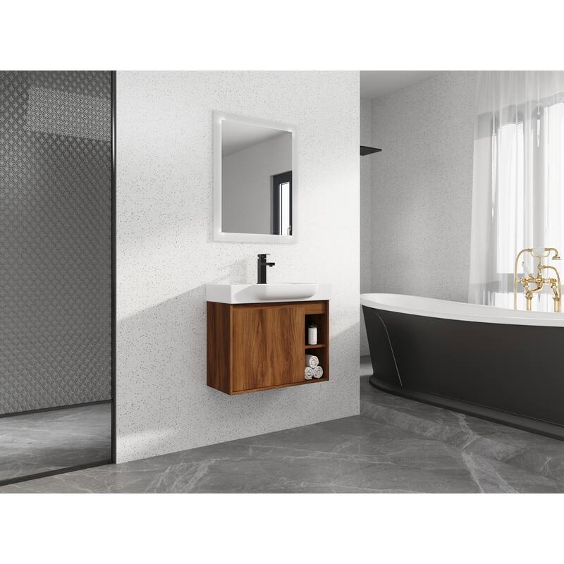 28'' Wall-Mounted Bathroom Vanity with White Ceramic Sink & Soft-Close Door, KD-Packing