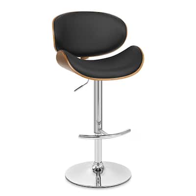 Black Faux Leather Adjustable Height Swivel Bar Chair with Chrome and Wood Pedestal - 20” x 21” x 41” (D x W x H)