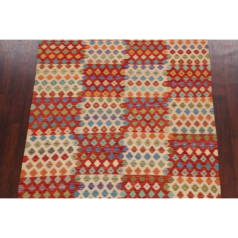 Geometric Kilim Oriental Home Decor Area Rug Wool Flat-weave Carpet - 5'2" x 6'5"