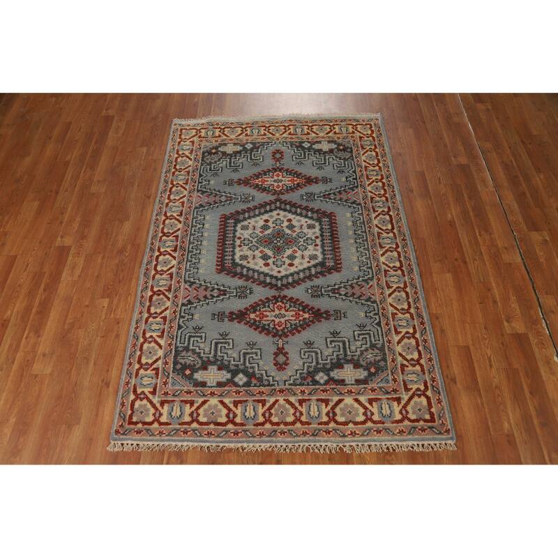 Hand Knotted Oriental 100% Wool Carpet Traditional Geometric Greys & Charcoal Viss Area Rug - 6' 0'' X 4' 0''