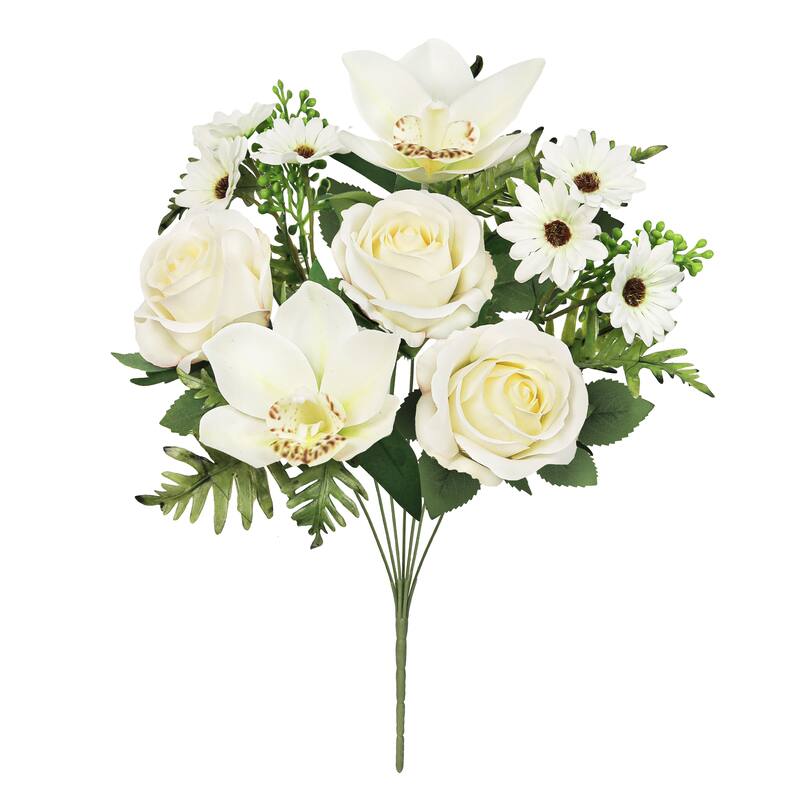 Set of 2 Cream White Artificial Mixed Rose Cymbidium Orchid Daisy Flower Stem Bush Bouquet 16in - 16" L x 9" W x 9" DP