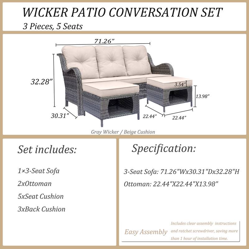 3 Piece Wicker Outdoor Couch Patio Sofa with Storage Ottomans Set