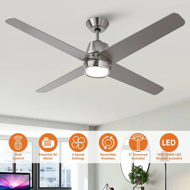 54" Brushed Nickel Plywood 4-blade Modern Ceiling Fan with Light and Wall Control