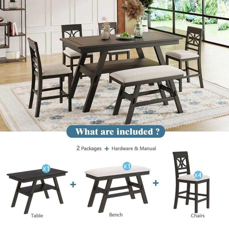 Espresso Rustic 6-Piece Counter Height Wooden Dining Table Set with 4 Chairs