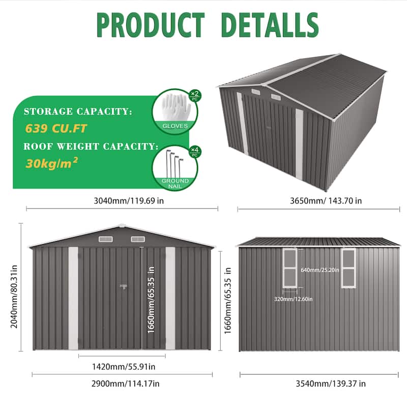 10x12FT Outdoor Storage Shed Large Metal Garden Shed with Double Door Two Window Waterproof Tool Shed for Backyard Poolside