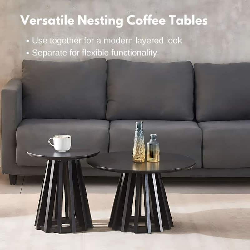 Black Mid-Century Round Nesting Side Coffee Table Set of 2 Modern Wood - 24x14 16x17