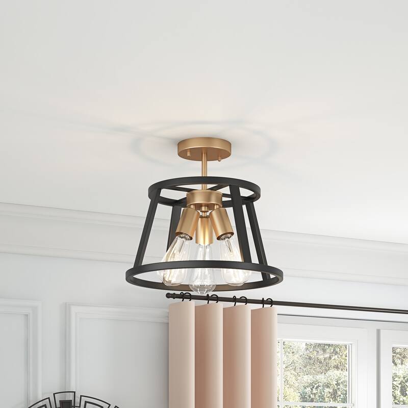 Matte Black 3-Light Openwork Metal Drum Shade Semi-Flush Mount Ceiling Light Fixture