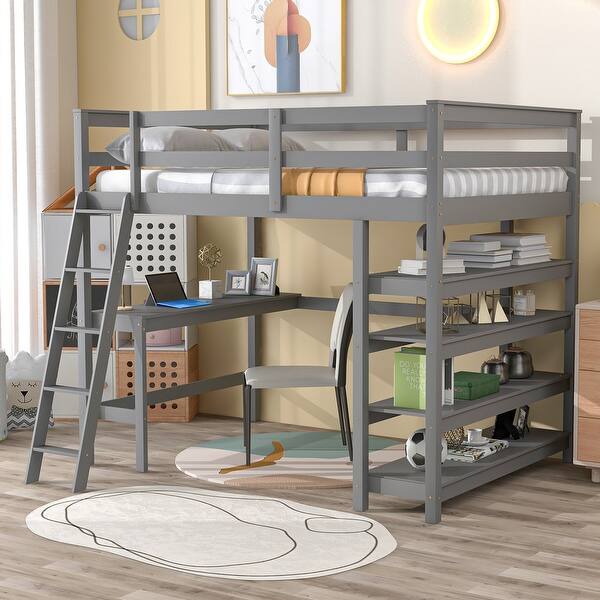 slide 2 of 8, Gray Pine Wood Loft Bed with Desk, Ladder, and Shelves, High Guard Rails Full - Gray