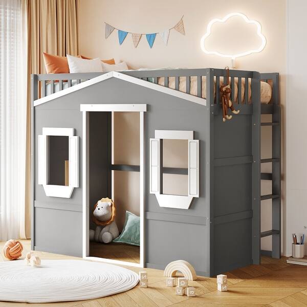 slide 2 of 114, Solid Wood House Loft Bed With Ladder for Kids, Boys and Girls, Bedroom Twin - Gray+White