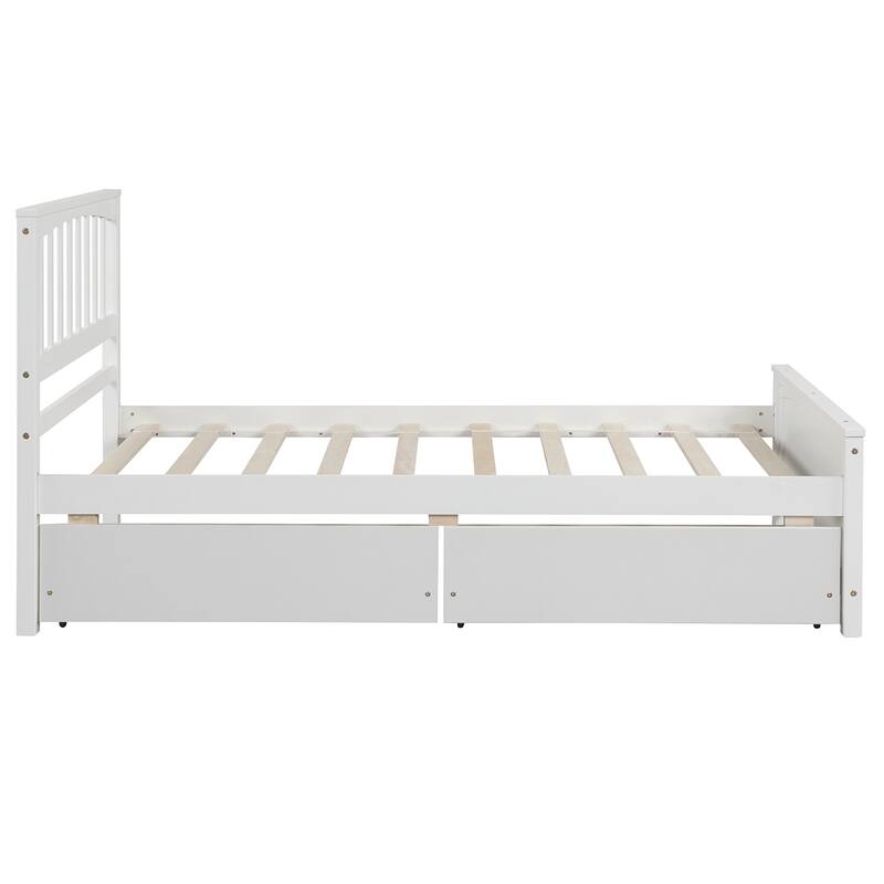 Twin Size White Platform Bed with Two Drawers, Sturdy Pine Wood Frame