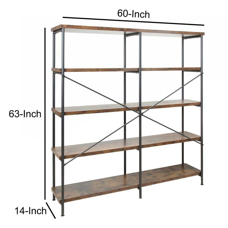 63 Inch Industrial 4 Tier Shelf Bookshelf, Particleboard, Metal Frame, Brown, Black - 63 H x 14.25 W x 60 L
