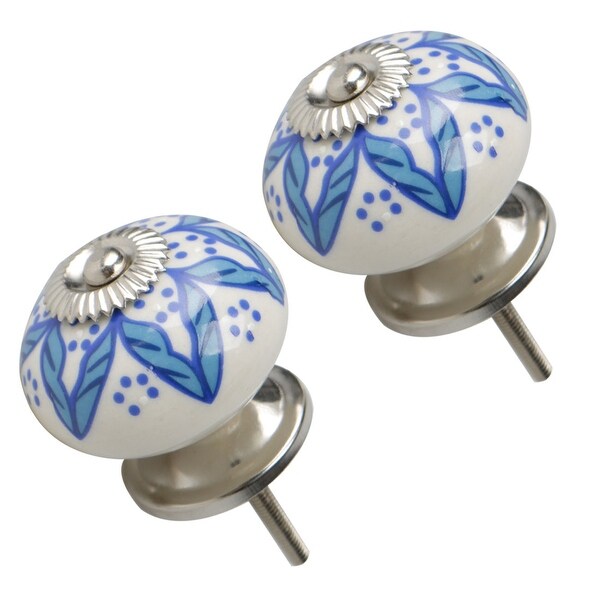Ceramic Vintage Knob Drawer Round Pull Handle Cabinets Wardrobe Door 2pcs, #4 - White + Cyan - 2pcs