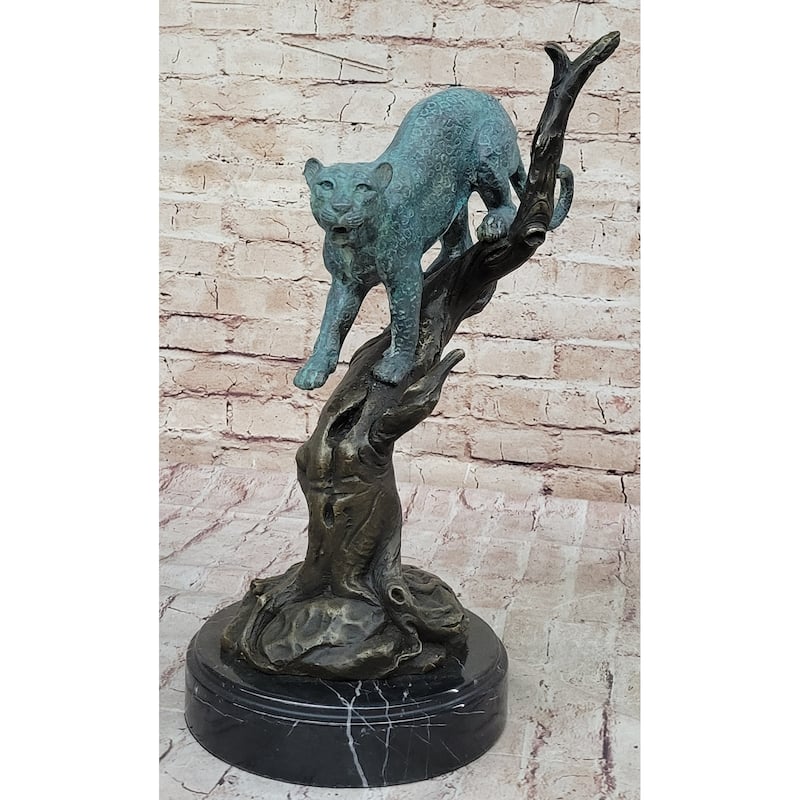 Leopard Jaguar In A Tree - Bronze Metal Statue Sculpture Green Patina Signed Original Art