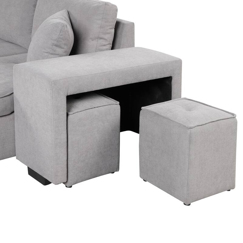 104" Modern L-Shape 3 Seat Reversible Sectional Couch, Pull Out Sleeper Sofa with Storage Chaise and 2 Stools