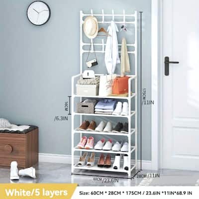 5-Tier Freestanding Shoe Rack and Coat Stand Entryway Organizer for Shoes Boots Hats - 26”L x 11”W x 68.9”H
