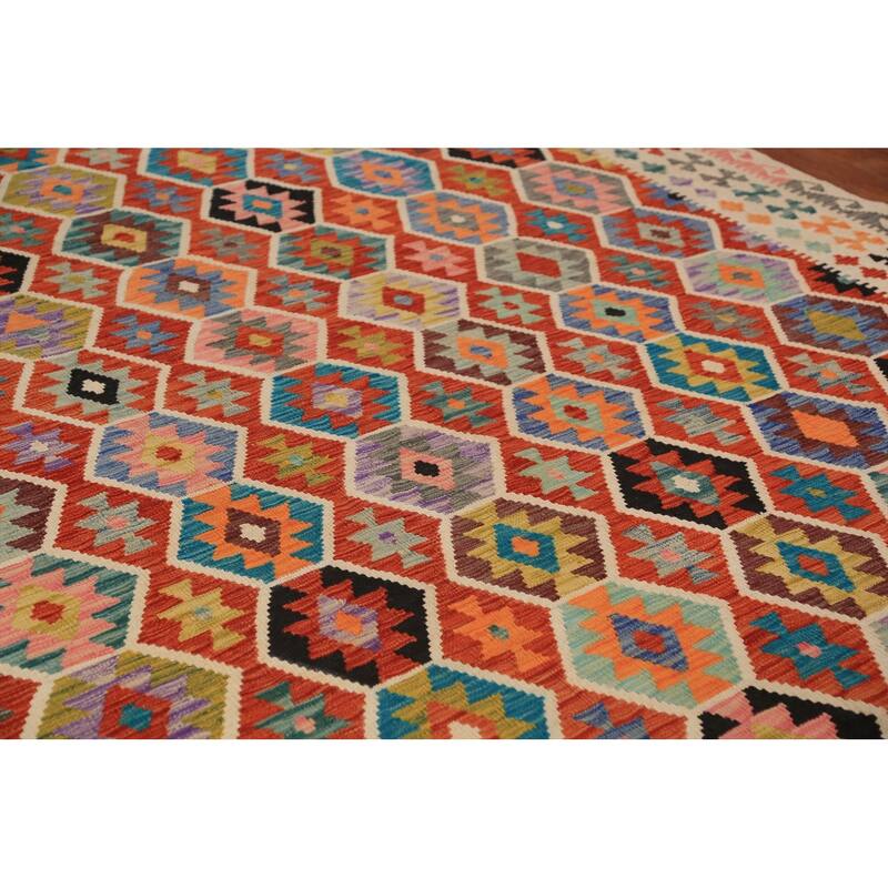 All-Over Geometric Kilim Oriental Area Rug Hand-Woven Wool Carpet - 8'8"x 11'3"