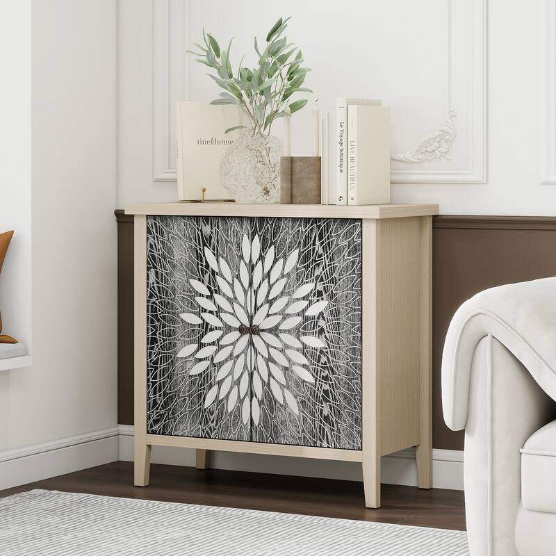 2-Door Carved Storage Cabinet with Adjustable shelf, Accent Furniture for Living Room, Hallway, Kitchen - Black,Natural
