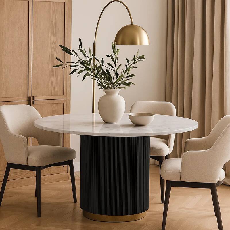 Voa Dining Table, 54 Inch Round, White Marble Top, Black Reeded Base - Black, White