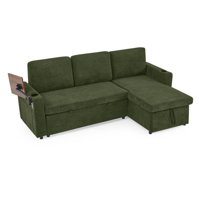 Roomfitters Modern Chenille Pull-Out Bed Sofa with Retractable Table, LED Lighting, USB Ports and Cup Holders