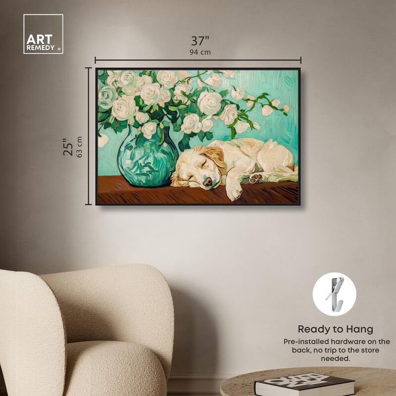 Rose Vase Puppy Canvas by Art Remedy