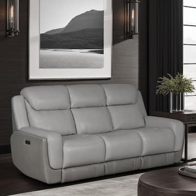 Rosalyn 87" Zero Gravity Silver and Gray Leather Power Reclining Sofa with Dropdown Console