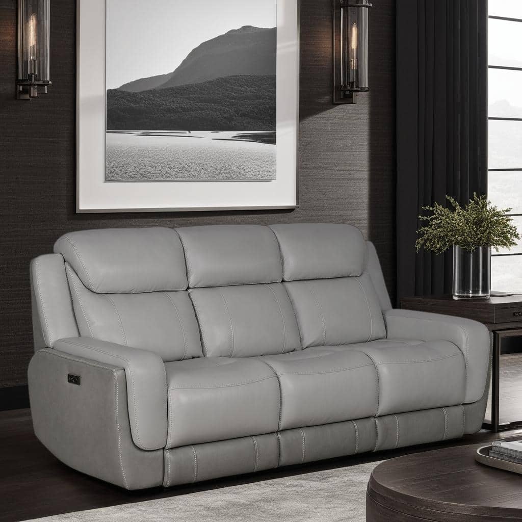 Rosalyn 87" Zero Gravity Silver and Gray Leather Power Reclining Sofa with Dropdown Console