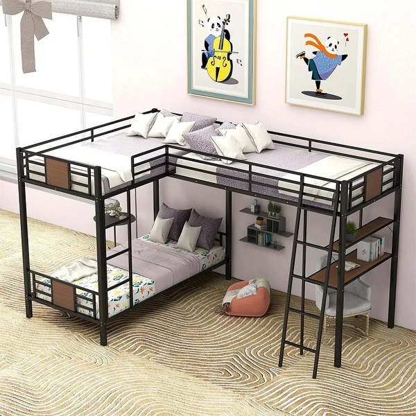 L-Shaped Metal Triple Bunk Bed With Desk And Shelf,Twin Over Twin - Bed ...