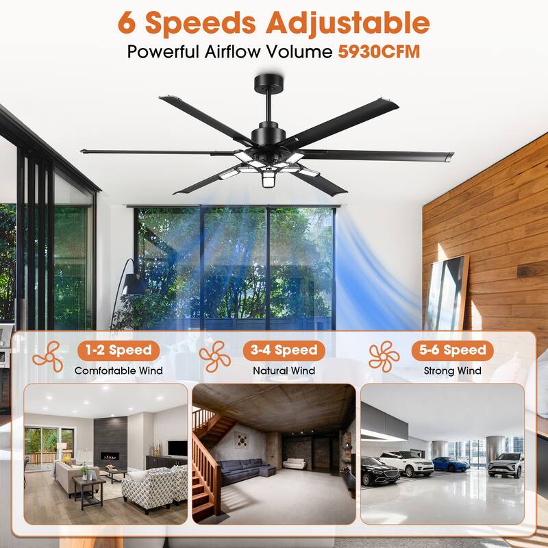 72" Industrial Matte Black HVLS Large Ceiling Fan with Foldable LED Light and Remote