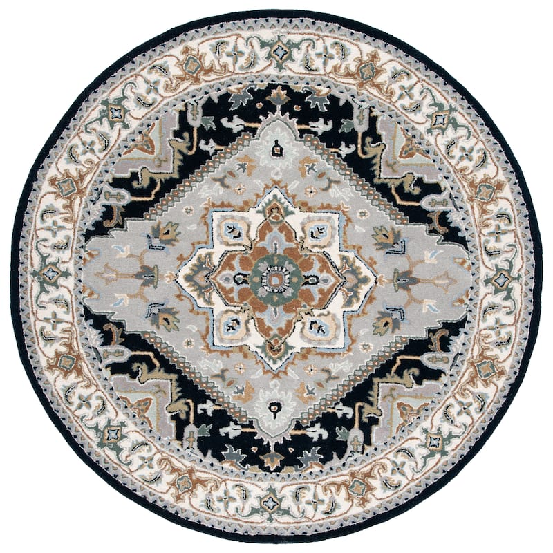 SAFAVIEH Handmade Heritage Carrol Traditional Oriental Wool Rug - 6' Round - Grey/Navy - Round