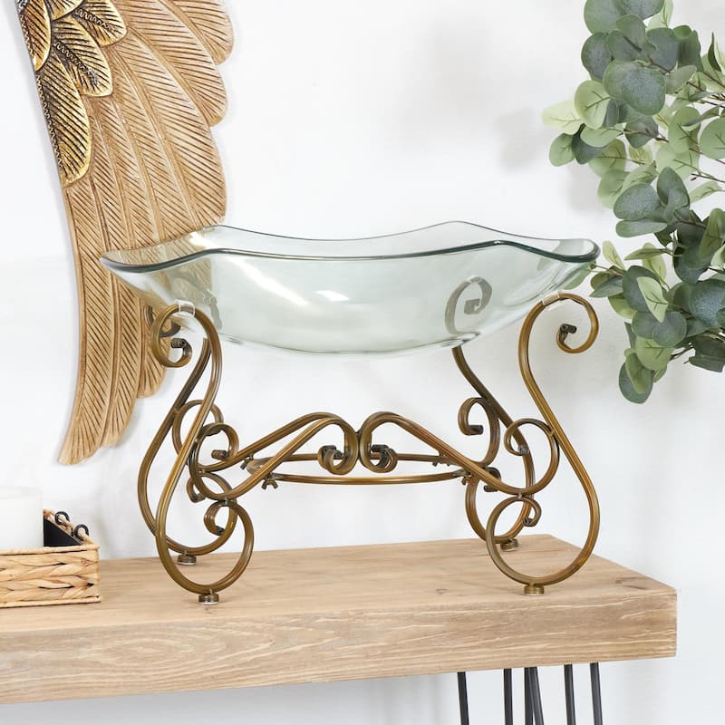 Glass Kitchen Serving Bowl with Gold Metal Scroll Base - Clear - Roche River Decor - 16"W x 21"L x 14"H