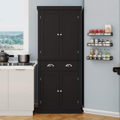 71" Kitchen Pantry Storage Cabinet, Freestanding Cupboard with 4 Doors, 1 Drawer, Adjustable Shelves for Home Living, Black