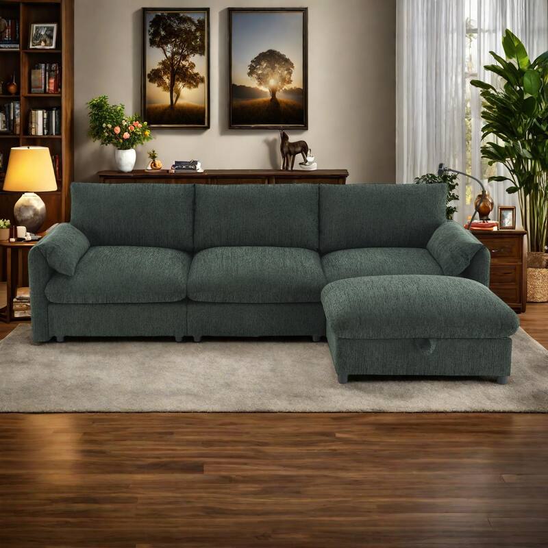 96.5" Chenille L-Shaped Sectional Sofa with Storage Ottoman, Adjustable Phone Holder, USB Charger and Armrest Storage Pockets - Green