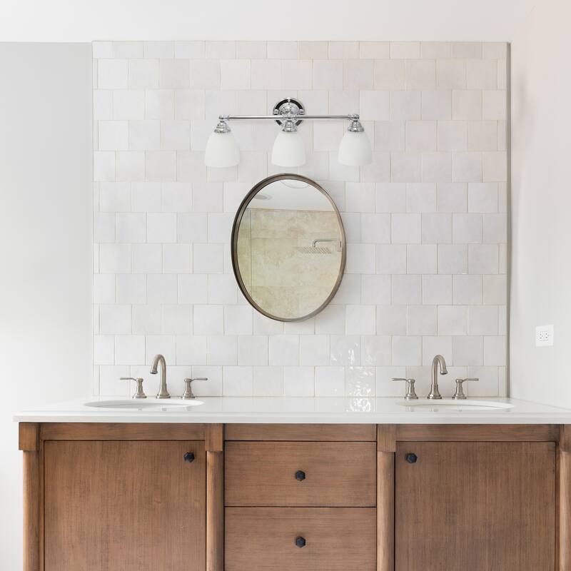 25" 3-Light Vanity Fixture - Chrome Metal & Frosted Glass Wall Mount Light - Bathroom, Hallway Decor - 10