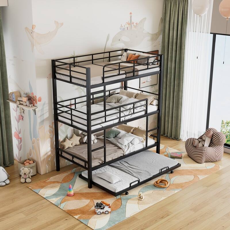 Heavy Duty Metal Twin Size Triple Bunk Bed with Trundle, Low Bunk Design