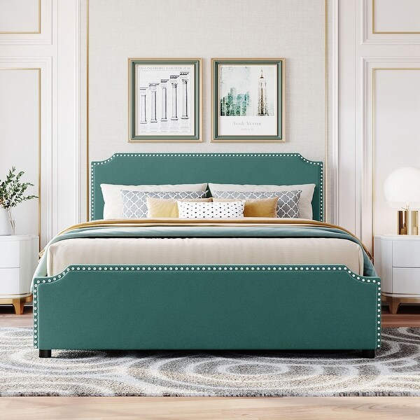 Queen Size Velvet Upholstered Platform Bed with Stud Trim Headboard Footboard and Drawers
