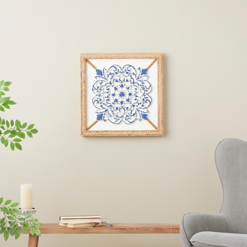 Blue Wood Relief Floral Home Wall Decor with Brown Woven Seagrass Frame and White Backing
