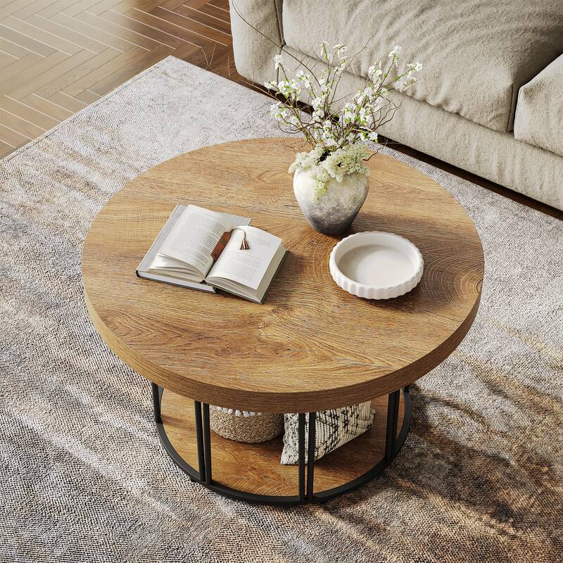35.5'' Round Coffee Table, 2-Tier Circle Coffee Table