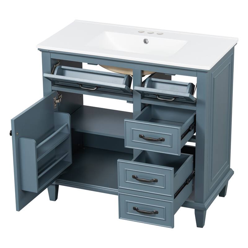 Roomfitters 36" Bathroom Vanity with Sink, Solid Wood Frame, 2 Flip Drawers & Soft-Close Cabinet with Door Rack