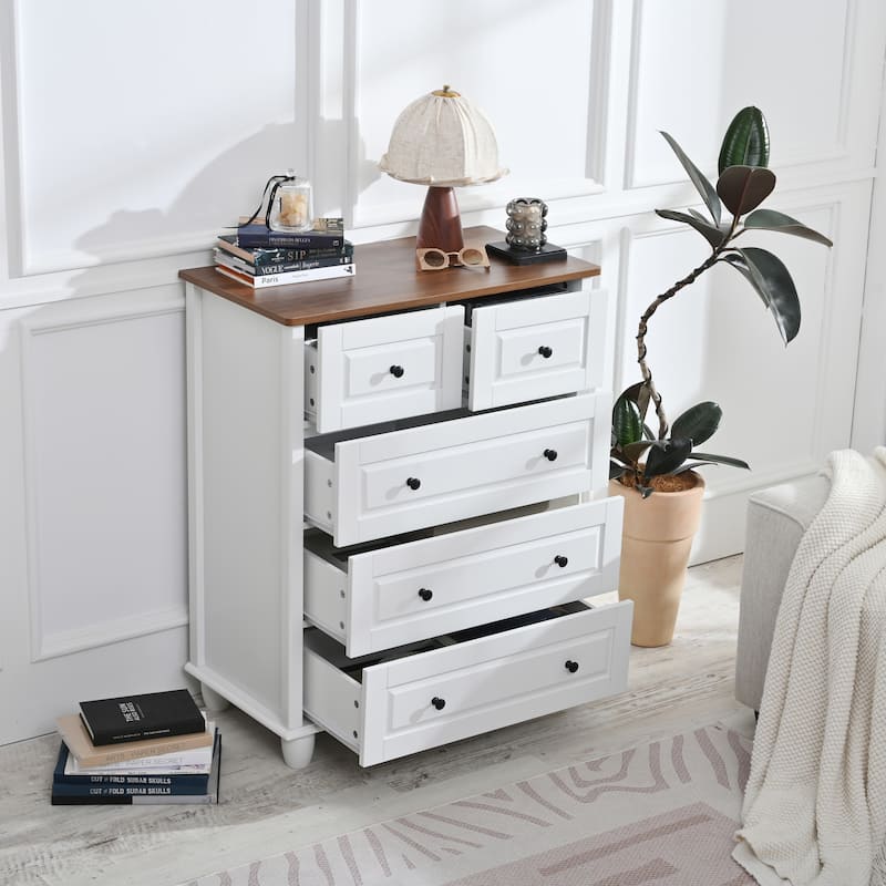 White Dresser with 5 Drawers, Tall Chest of Drawers, 5 Drawer Dresser with Deep Space, Wood Storage Cabinet